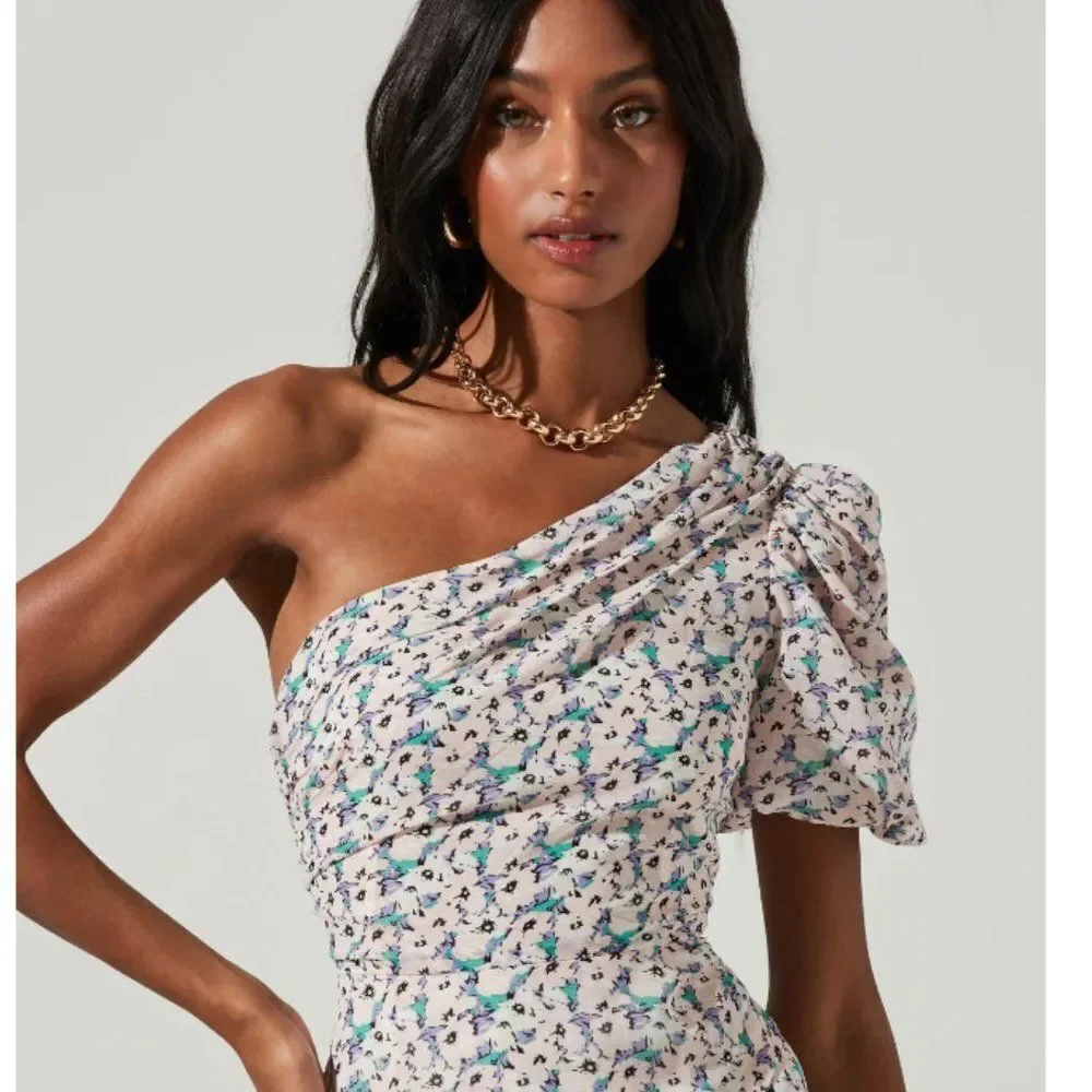 Astr One-Shoulder Floral Dress - White and Blue - Picture 3 of 14